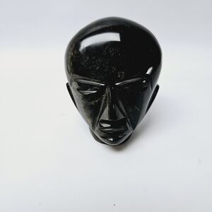 Aztec Mayan Head Sculpture Obsidian Gold Sheen 3.25"H MCM Mexico Hand Carved
